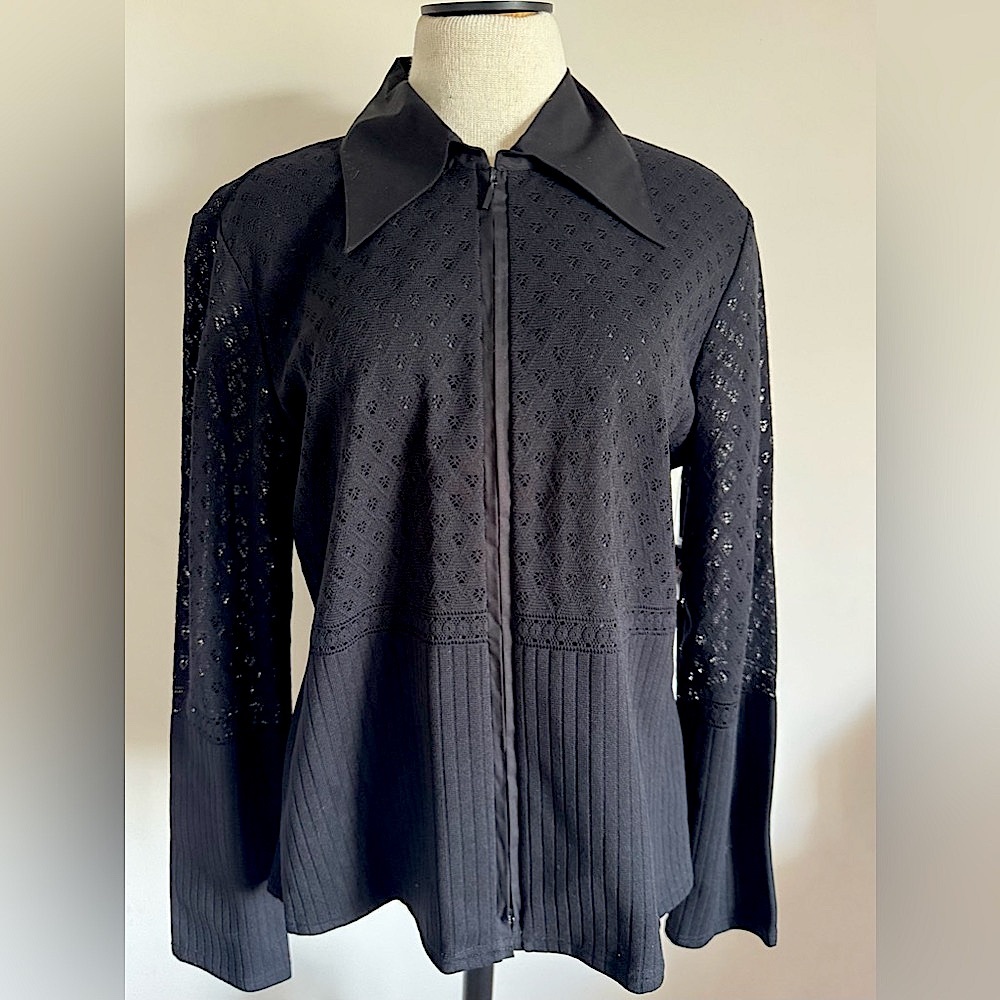 RAVE Vintage Y2K Black Zipper Front Long Sleeve Blouse Jacket Crochet Back XL